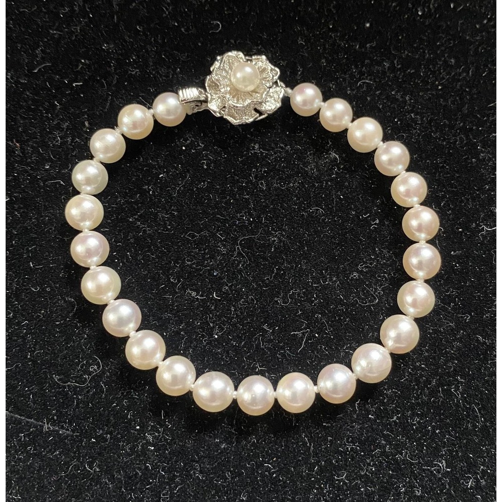 Genuine Cultured Pearl Bracelet W/ Sterling Silver Flower Clasp 7.5"